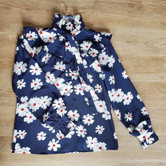 Saint Geraldine Navy Floral Tie-Neck Blouse with Ruffled Collar - Picture 1 of 10